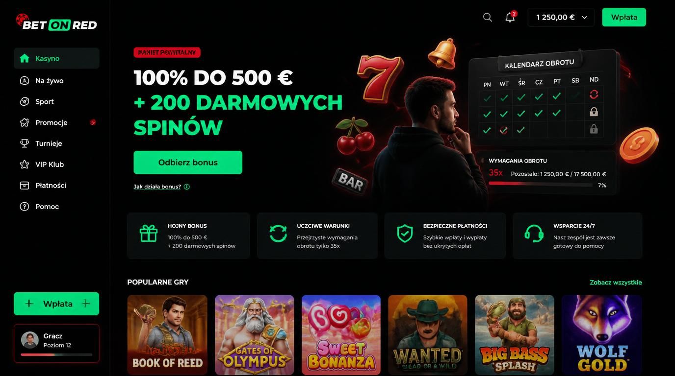 Okno z bonusem powitalnym w BetOnRed, warunki obrotu i darmowe spiny na ekranie