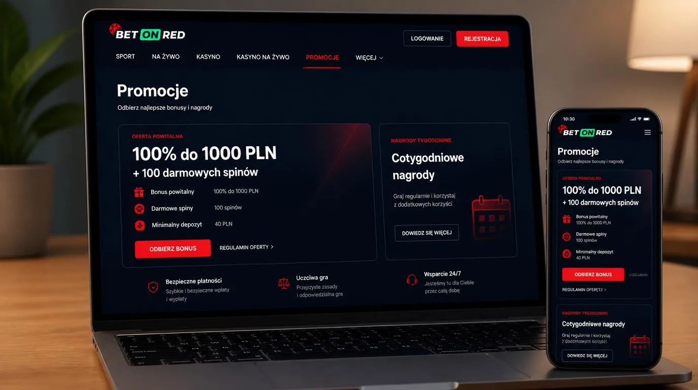 Ekran promocji kasyna z bonusem powitalnym, darmowymi spinami i minimalnym depozytem 40 PLN