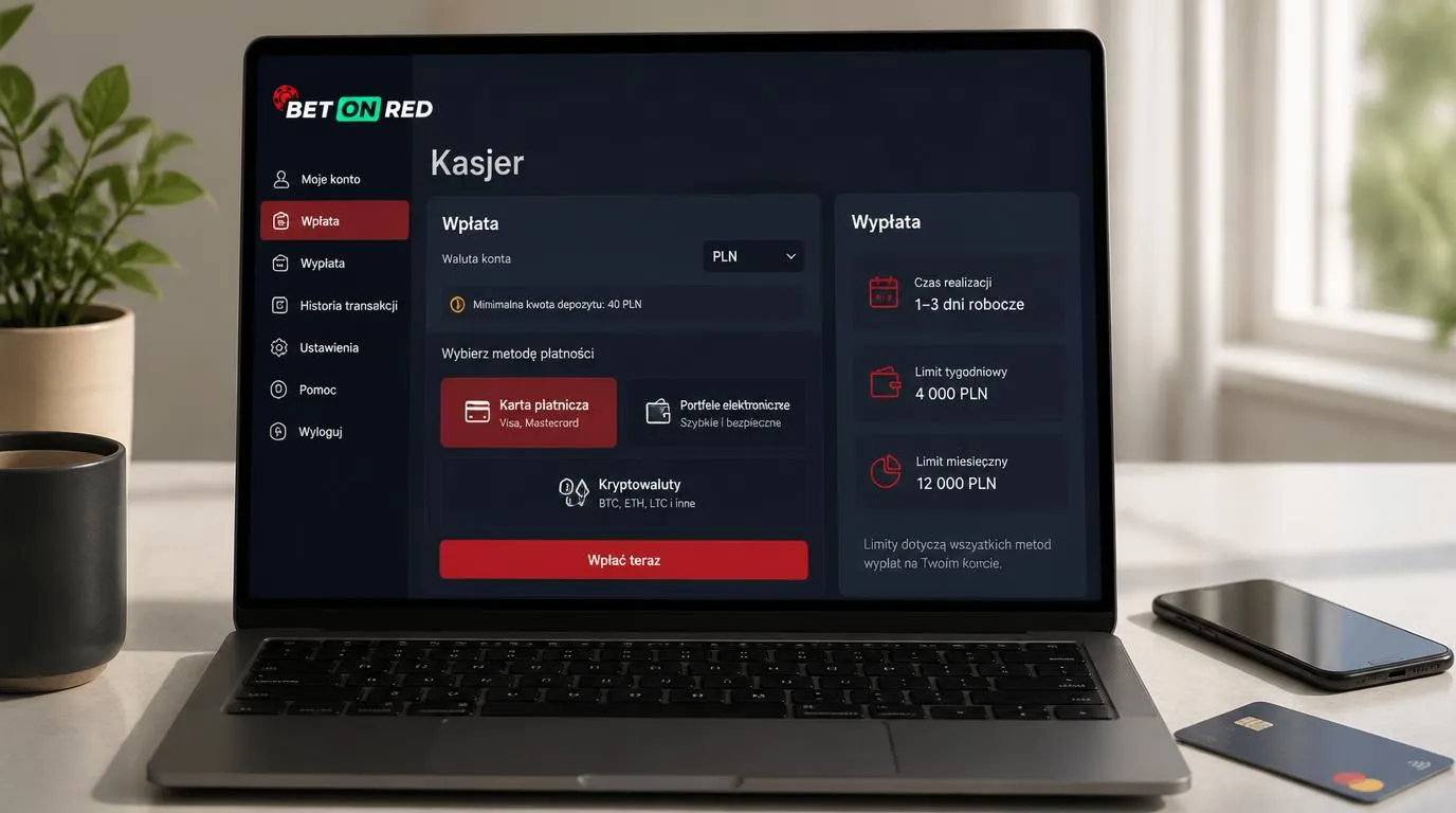 Ekran kasy kasyna z wyborem PLN, metodą płatności oraz informacją o czasie i limitach wypłat
